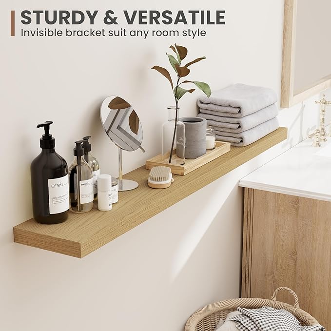48 Inch Floating Shelves, 8 Inch Deep Floating Shelves for Wall, Hanging Shelf with Invisible Brackets, Deep Shelves for Bathroom, Bedroom, Living Room, Oak, Set of 1-Ruum Studio Home