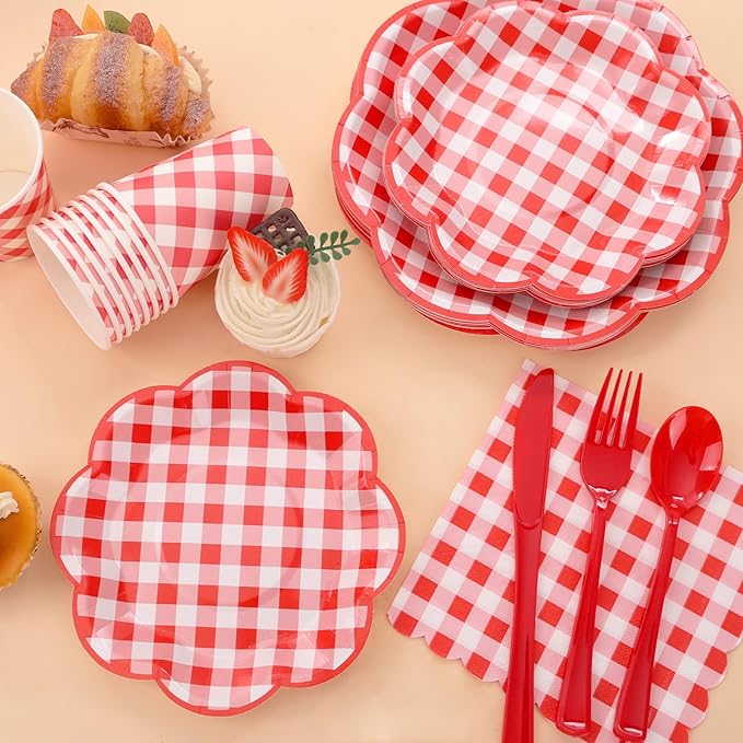 350 Pcs Red Gingham Plates and Napkins Party Supplies - Red and White Checkered Plates Sets Serve 50 Guests - Scalloped Gingham Paper Plate for Birthday Picnic Wedding Christmas Party Decorations-Ruum Studio Home