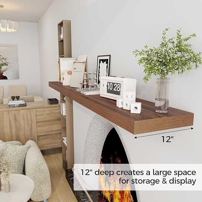 Fun Memories 72 Inch Floating Shelf, 12 Inch Deep Wall Shelf for Fireplace Mantel, Deep Storage Shelves for Home & Office, Wall Shelves with Invisible Bracket, Walnut, Set of 1-Ruum Studio Home