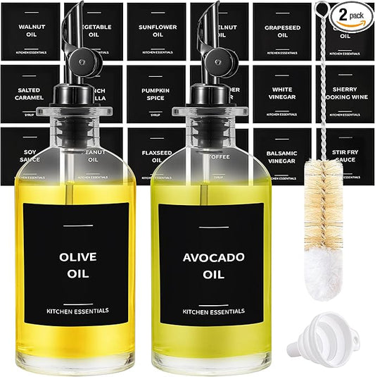 Olive Oil Dispenser Bottle - Includes 55 Kitchen Essential Labels - Cooking Oil Bottles for Kitchen, Coffee Syrup Dispenser - Pourer Spout with 11.8 fl oz Glass Container Cruet - 2pcs, Black-Ruum Studio Home