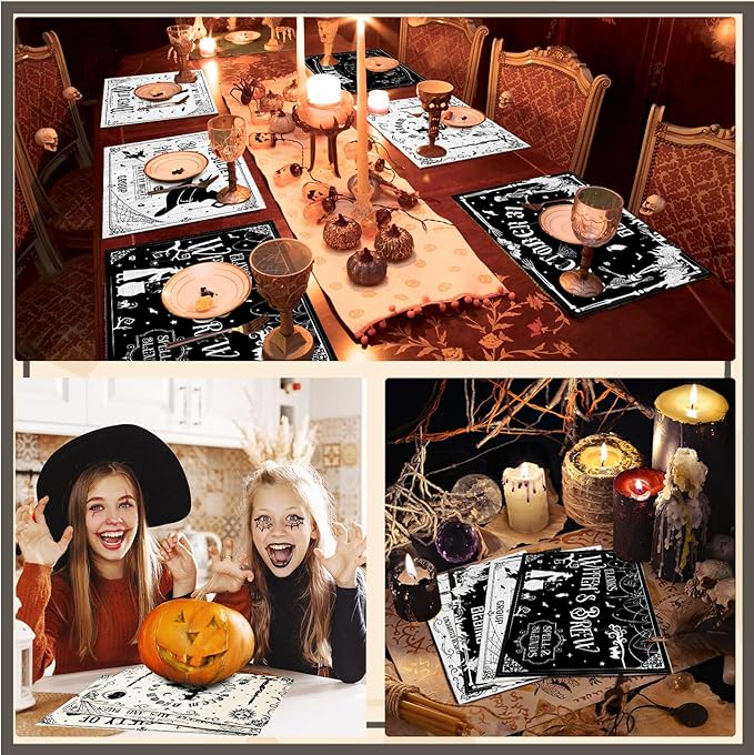 Umigy 6 Pcs Halloween Placemats 12"x18" Gothic Bat Placemats Kitchen Decoration Washable Witch Place Mats Rectangle Skull Table Mats for Halloween Dining Table Accessories(Black White Character Style)-Ruum Studio Home