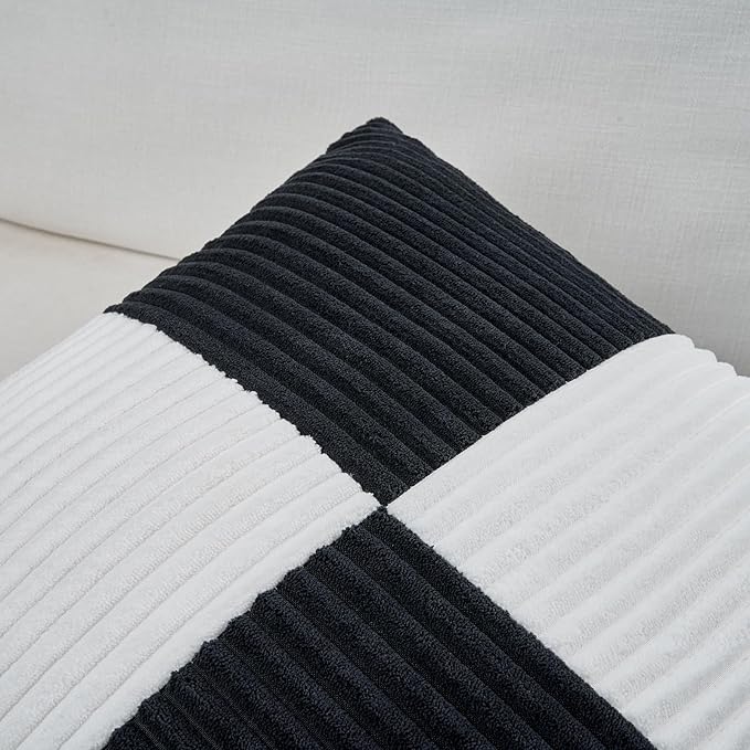 Fancy Homi Set of 2 Black White Samll Decorative Throw Pillow Covers 18x18 Inch with for Couch Bed Sofa Living Room, Soft Cross Patchwork Striped Corduroy Modern Square Cushion Case 45x45 cm-Ruum Studio Home