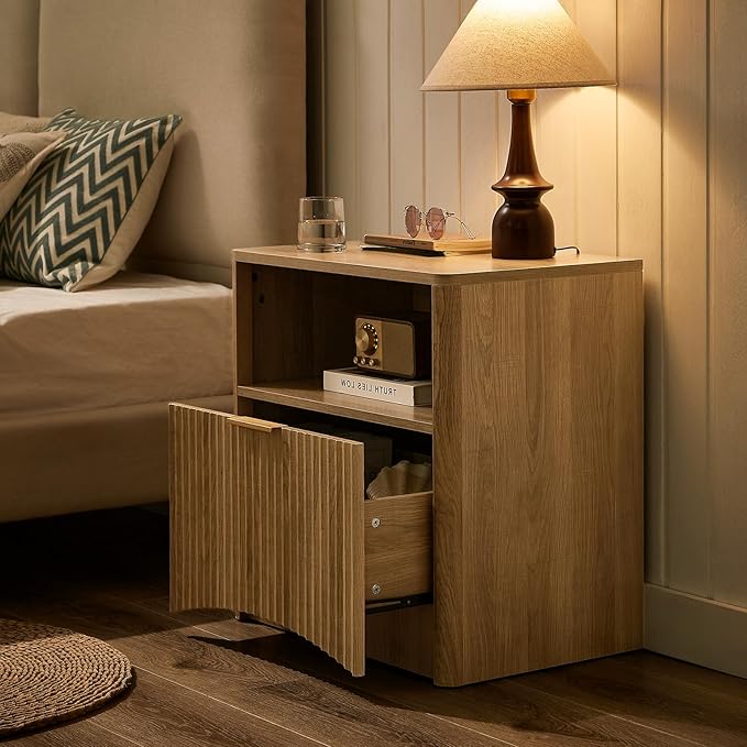 Fluted Nightstand Set of 2, Natural Oak Bedside Table with Drawer and Storage, Wood End Table Mid Century Modern, Large Night Stand for Bedroom-Ruum Studio Home