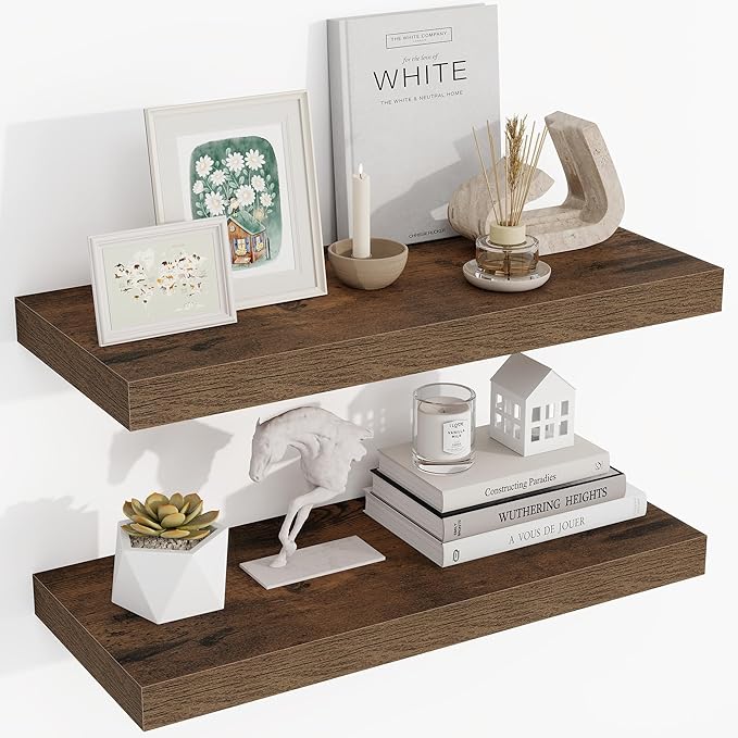 24 Inch Floating Shelves, 24"x9.25"x1.5" Inch Deep Floating Shelves for Wall, Wooden Shelves for Bathroom, Bedroom, Living Room, Brown-Ruum Studio Home