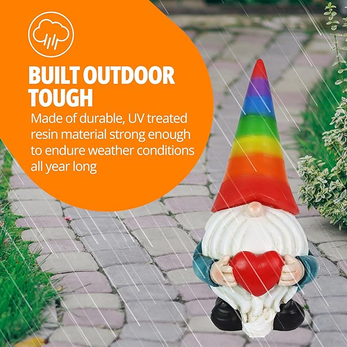 Exhart Garden Gnome, Solar Garden Gnome Statue with Heart, LED Rainbow Hat, Cute Outdoor Garden Decoration, 6 x 12.5 Inch, Multicolor, Resin-Ruum Studio Home