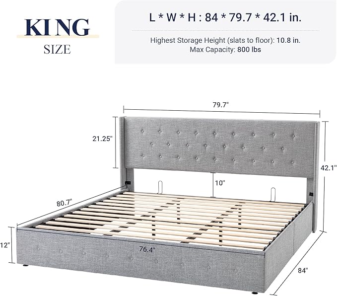 Allewie King Size Lift Up Storage Bed, Button Tufted Headboard with Wingback, Hydraulic Support, No Box Spring Needed, Light Grey-Ruum Studio Home
