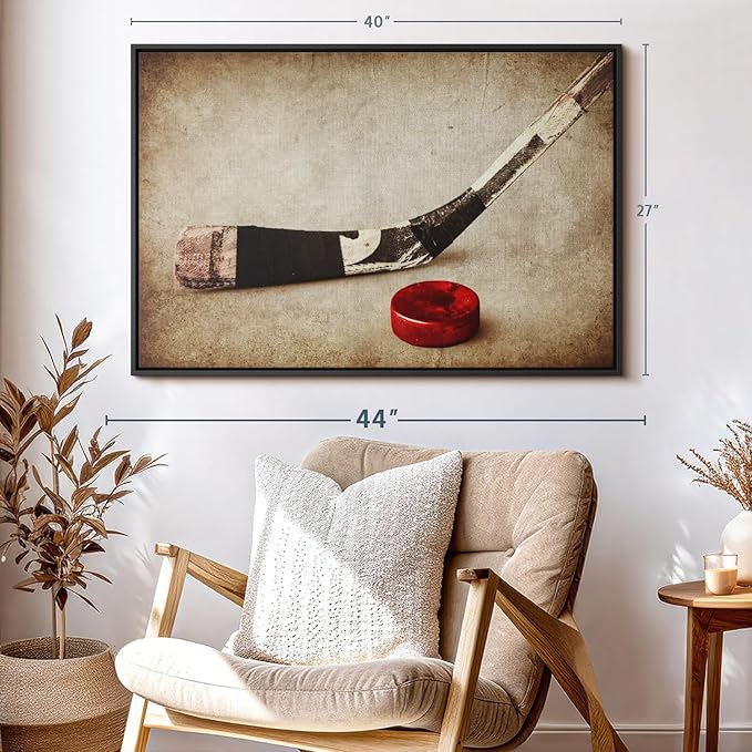 Elephant Stock Vintage Ice Hockey Wall Art - Horizontal Framed Canvas - 1-Piece Hallway Wall Decor - Photography Sports Canvas Print - Brown and Beige Decor for Wall - 40" X 27"-Ruum Studio Home