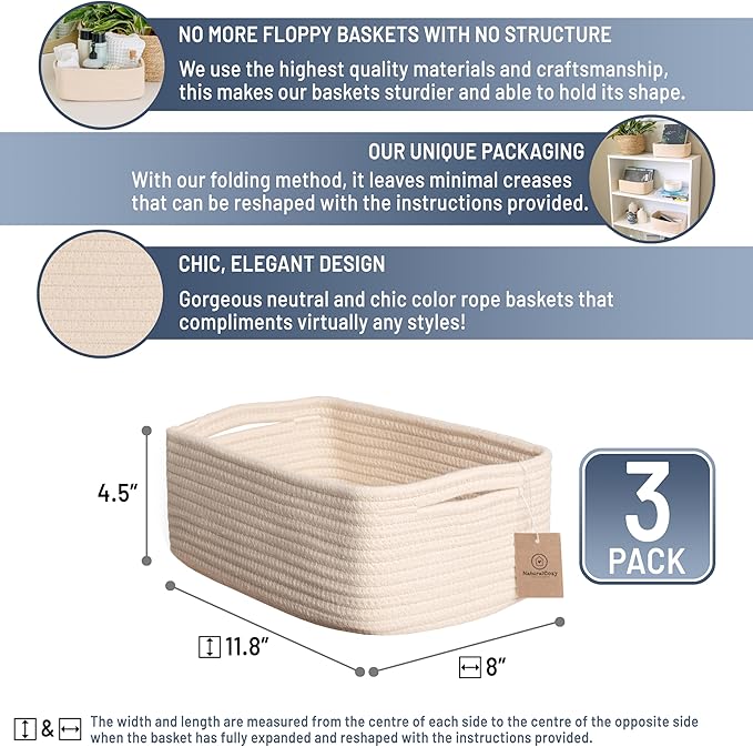 NaturalCozy 11.8"x8"x4.5” Storage Baskets for Shelves 3 Pack | Cotton Rope Woven Small Baskets for Organizing | Small Storage Bins for Nursery, Bathroom, Closet, Cube Shelf, Decorative, Gift Basket-Ruum Studio Home