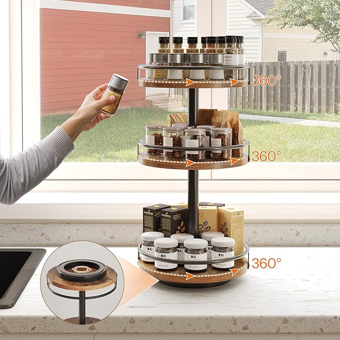 HOOBRO 3-Tier Lazy Susan Organizer, Rotating Spice Rack, Turntable Spice Rack, Vertical Storage Organizer, for Kitchen Countertop, Vanity, Dining Table, Rustic Brown and Black BF09TL01-Ruum Studio Home