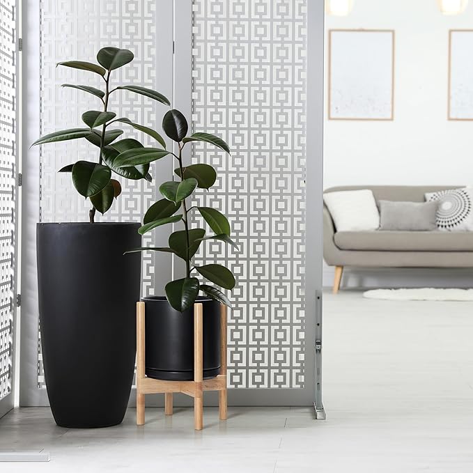 D'vine Dev Ceramic Planter with Natural Stand - 10 Inch Modern Round Flower Pot with Wood Planter Holder, Black, 55-B-K-2-Ruum Studio Home