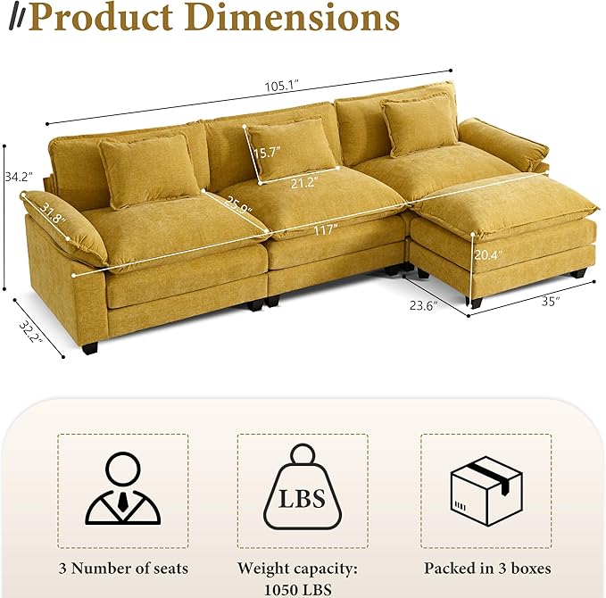 URRED Modular Sectional Sofa Comfy Cloud Couch, Modern Chenille Sofa Sleeper Deep Seat Couches with Ottoman/Pillows for Living Room (Yellow, 117''- L Shape)-Ruum Studio Home