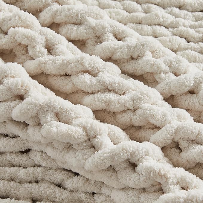 Carriediosa Chunky Knit Throw Blanket 60" X 80" Twin, 100% Hand Made Large Chenille Loop Yarn Soft Fluffy Throws for Couch Sofa Bed, Big Crochet Cozy Heavy Thick Cable Woven Blankets, Cream White-Ruum Studio Home