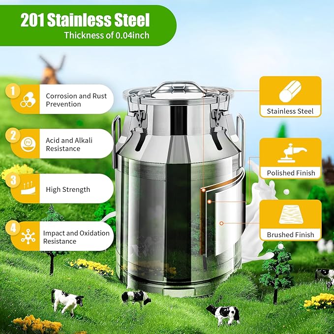 Stainless Steel Milk Can, 30L/7.9 Gallon Heavy Duty Airtight Storage Canister Milk Bucket with Lid, Embedded Silicone Milk Jug Wine Pail Water Cereals Bucket with Three Latches and Two Handles