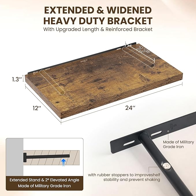 24" Floating Shelves for Wall, 12" Deep Slim Rustic Brown Floating Shelves, Wall-Mounted Shelves for Bedroom, Living Room, Kitchen, Bathroom - Set of 2-Ruum Studio Home