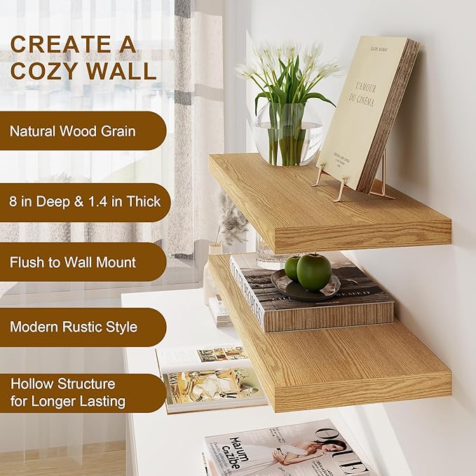 Fun Memories Floating Shelves 36 Inch Long, Deep Floating Shelf for Wall, 36 x 8 Floating Shelves Set of 2, 8 Inch Deep Wall Shelf for Living Room, Kitchen, Bedroom, Large Storage Shelves, Oak Color-Ruum Studio Home