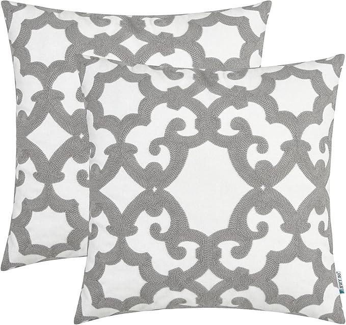 HWY 50 Grey Gray Decorative Throw Pillow Covers 18x18 Inch, Pack of 2 Embroidered Cotton Farmhouse Cushion Cover Pillow Case for Sofa Couch Living Room Bed Bedroon, Geometric Design-Ruum Studio Home