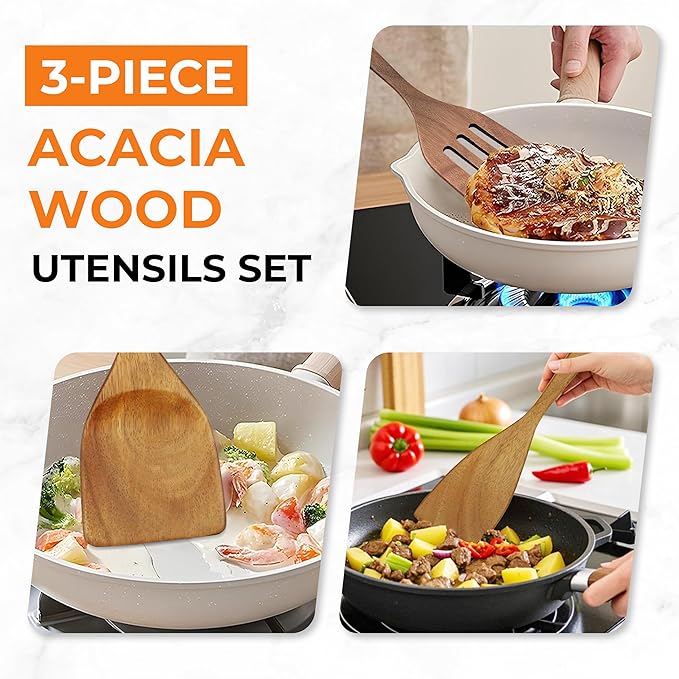 Acacia Wood Spatula Set of 3 - Natural Wooden Cooking Utensils for Nonstick Pans, Scratch-Proof & Heat Resistant, Sturdy & Lightweight Kitchen Tools with Hanging Holes-Ruum Studio Home