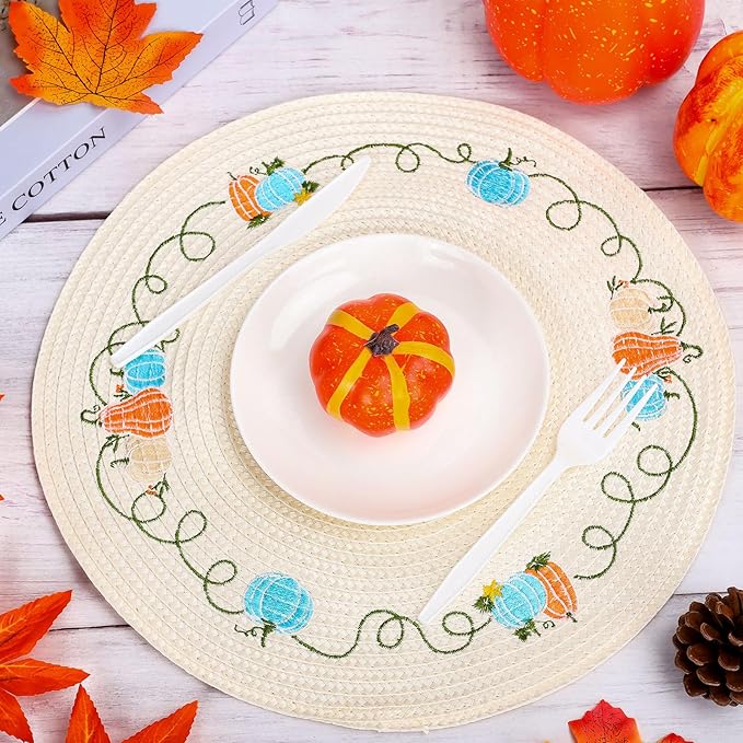 Whaline 4Pcs Round Fall Placemats Pumpkin Embroidered Place Mats Autumn Dinner Table Mats for Home Harvest Thanksgiving Holiday Party Decor-Ruum Studio Home