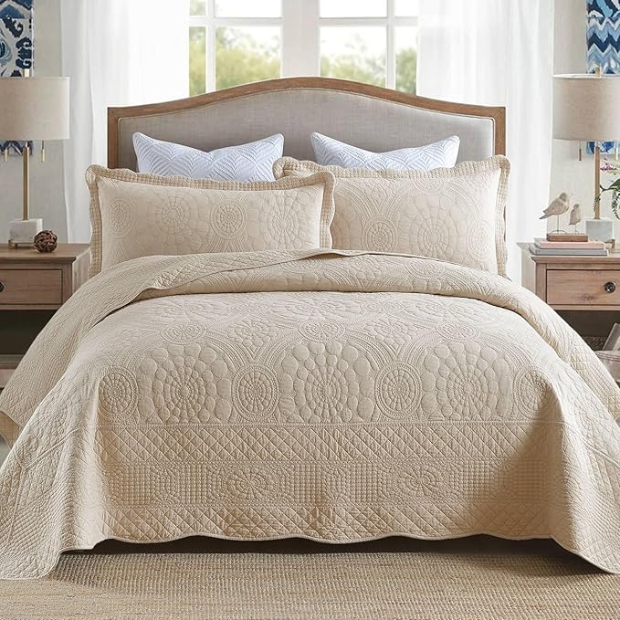MarCielo 3-Piece 100% Cotton Oversized Bedspread Lightweight Quilt Coverlet Embroidery Farmhouse Bedding (Tf Khaki Beige, Oversized Queen (100"x106"))-Ruum Studio Home