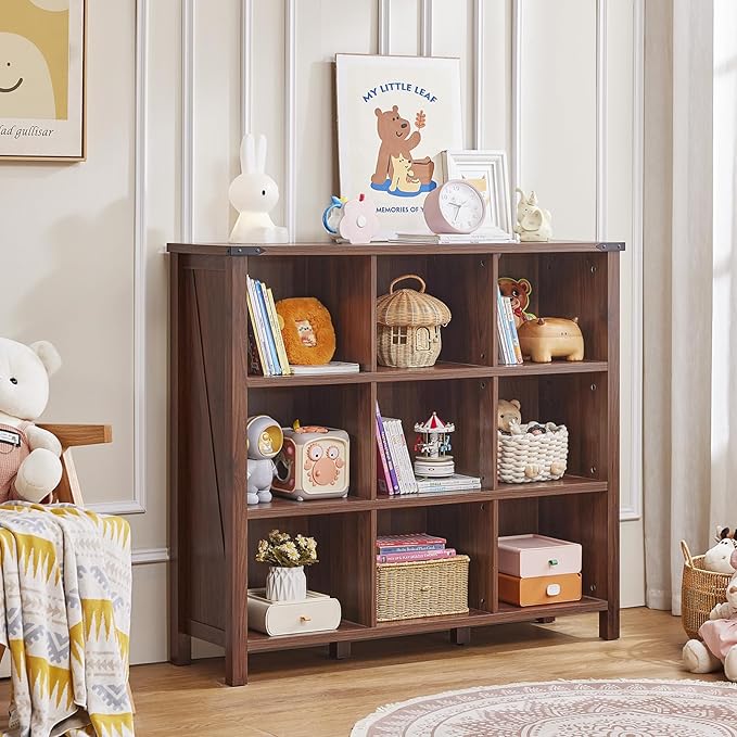 9 Cube Bookcase, Farmhouse 47 Inch Wide Brown Walnut Bookshelf, Wooden 3 Tier Display Large Open Book Shelf, Vintage Horizontal Book Case for Home Office, Cubby Storage Cabinet for Living Room-Ruum Studio Home