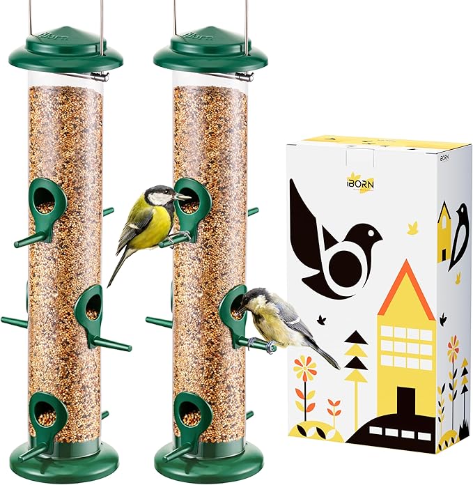 iBorn Metal Bird Feeders 6 Ports Hanging Wild Bird Seed Feeder for Mix Seed Blends, Niger Seed Feeder, Sunflower Heart, Birdbath, Heavy Duty All Metal Green Finishing 14 Inch 6Port, Pack of 2-Ruum Studio Home