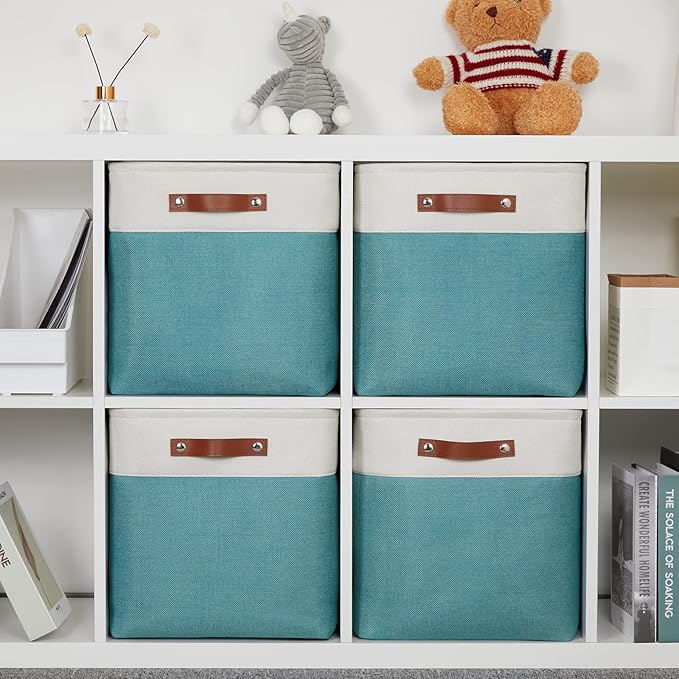 DULLEMELO Storage Bins for Organizing,Closet Storage Baskets for Gift Empty,Large Linen Canvas Storage Bins with Handles for Home Office Toys Shelves(White&Teal, 13 inch Cube)-Ruum Studio Home