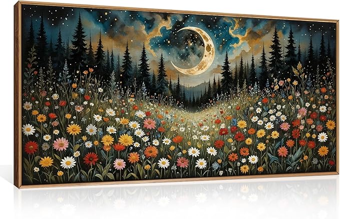 HPINUB Wildflower Moon Pine Tree Framed Canvas Wall Art Set,Nature Forest Wall Decor,Mystical Starry Night Artwork Rustic Mountain Landscape Art Print for Living Room,Bedroom,Office-20 x40-Ruum Studio Home