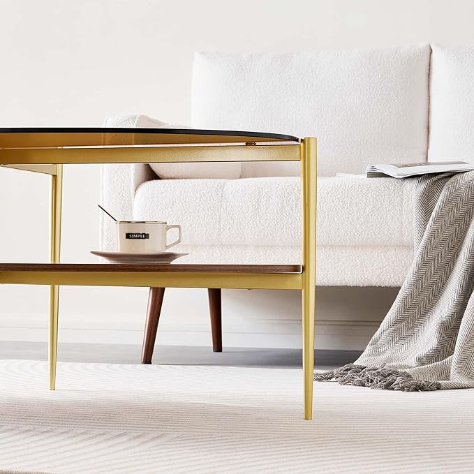 Oval Glass Coffee Table, Mid-Century Modern Design, L43 x W22 x H17 inch, 2-Tier Structure, Olive Shaped Amber Glass Top and Walnut Finish Wood Shelf, Tapered Legs with Gold Finish Frame-Ruum Studio Home