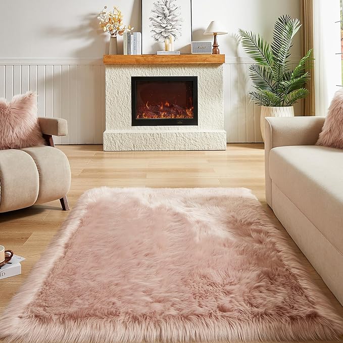 AMTOVO Faux Fur Sheepskin Rug for Living Room, 4 x 6 ft Pink Fluffy Area Rug for Bedroom, Playroom, Luxury Room Decor, Rectangle-Ruum Studio Home