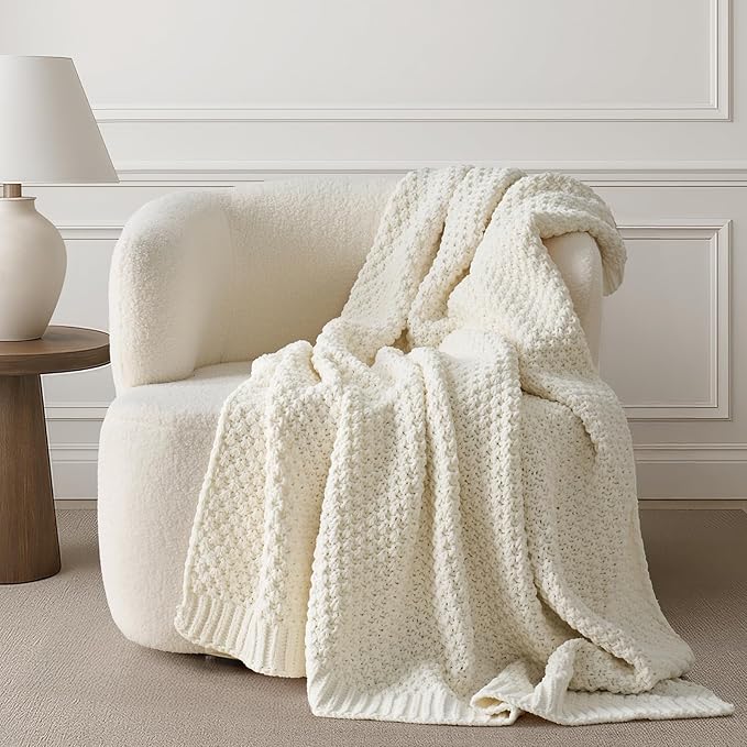 Chunky Chenille Knit Throw Blanket for Couch, Soft Luxurious Moss Stitch Blankets for Bed, Cozy Decorative Farmhouse Knitted Throws for Sofa, Ivory White, 60" x 80"-Ruum Studio Home
