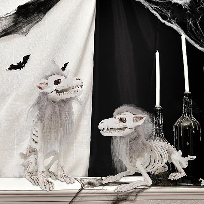 DR.DUDU 2 Pack Halloween Skeleton Wolf Decorations, Life Size Animals Skeletons Poseable Halloween Decor Plastic Bones with Hair Wolf Skull Figurines for Table Yard Lawn Party Props Décor-Ruum Studio Home