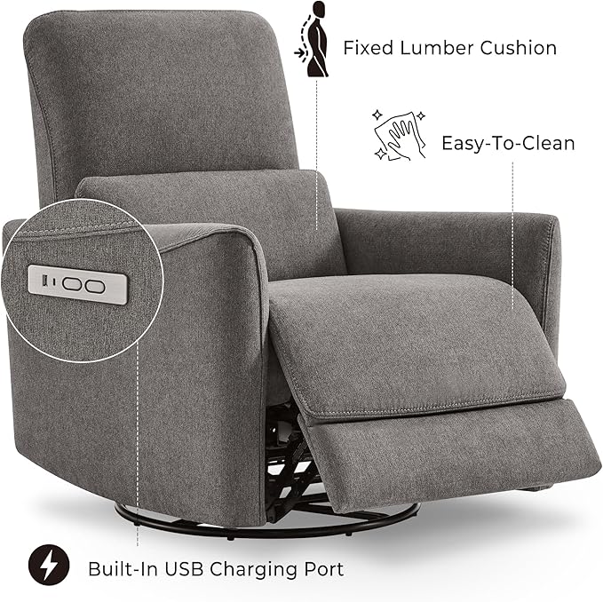 CHITA Power Recliner Chair Swivel Glider, FSC Certified Fabric Living Room Reclining Sofa Chair with Lumbar Support, Metal Grey-Ruum Studio Home