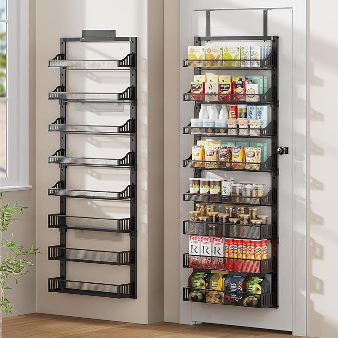 8-Tier Over the Door Pantry Organizer, Large Metal Door Spice Rack with Adjustable Basket, 2 in 1 Wall Mount or Hanging Heavy-Duty Pantry Door Storage Shelf for Kitchen and Bathroom, Black-Ruum Studio Home