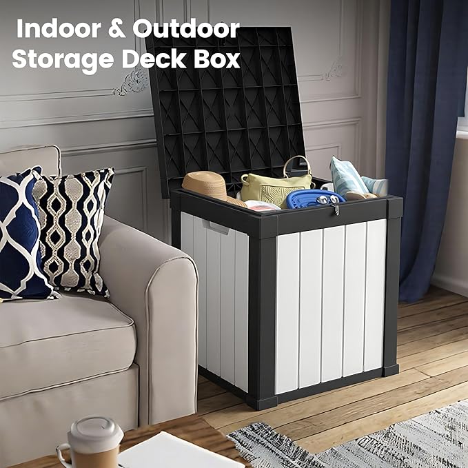 50 Gallon Storage Box, Waterproof Deck Box for Indoor & Outdoor Use, Lockable Pool Storage Bin for Package Delivery, Outdoor Bench for Patio Cushions, Garden Tools, Backyard, Black & White-Ruum Studio Home