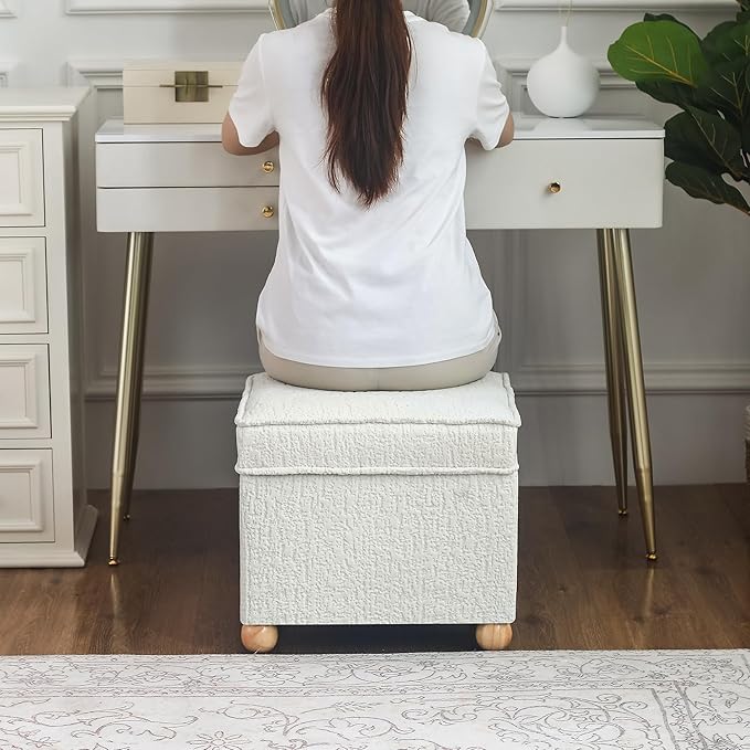 Adeco 17 Inch High Faux Fur White Cube Ottoman Storage, 3D Embossed Velvet Chair Foot Stools, Upholstered Vanity Stool with Hinged Lid, Solid Round Wood Legs-Ruum Studio Home
