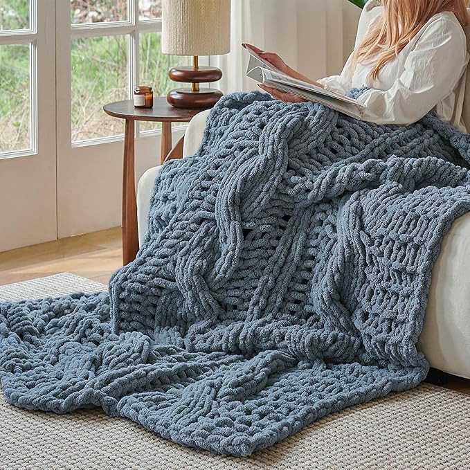 Esterra Chunky Knit Blanket Throw 50"x60", 100% Hand Knitted Chenille Throw Blanket, Cozy Soft Thick Cable Knit Throw Large Rope Knot Crochet Throw Blanket for Sofa Couch Bed, Blue Mirage-Ruum Studio Home