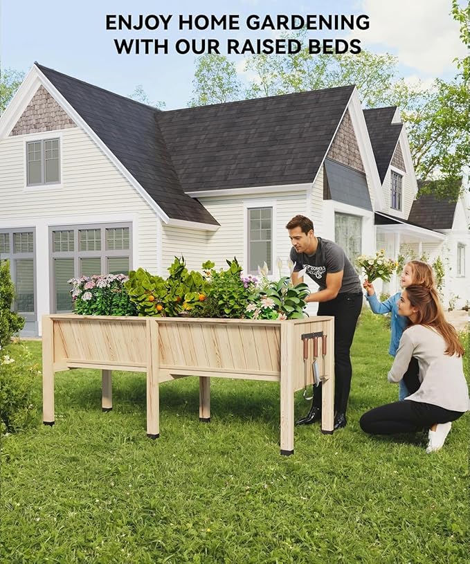 72x26x31 Inch Raised Garden Bed with Legs, 13.7In Depth Wooden Planter Box for Outdoor Growing Vegetables and Herbs, Elevated Garden Bed with Hooks for Backyard, Patio, Balcony-Ruum Studio Home