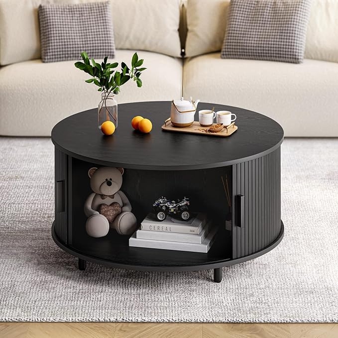 Round Coffee Table with Storage, 31.5" Modern Coffee Table with 360° Curved Sliding Door, Fluted Wood Accent Coffee Table with Adjustable Footpads, Round Center Table for Living Room, Black-Ruum Studio Home