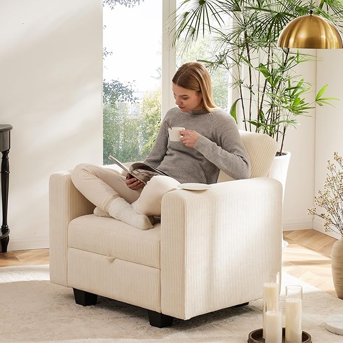 38.5 Oversized Accent Chair with Storage Ivory Corduroy Set of 2, Single Modern Accent Sofa with Arms Chair for Apartment Living Room (21" Deep Seat)-Ruum Studio Home