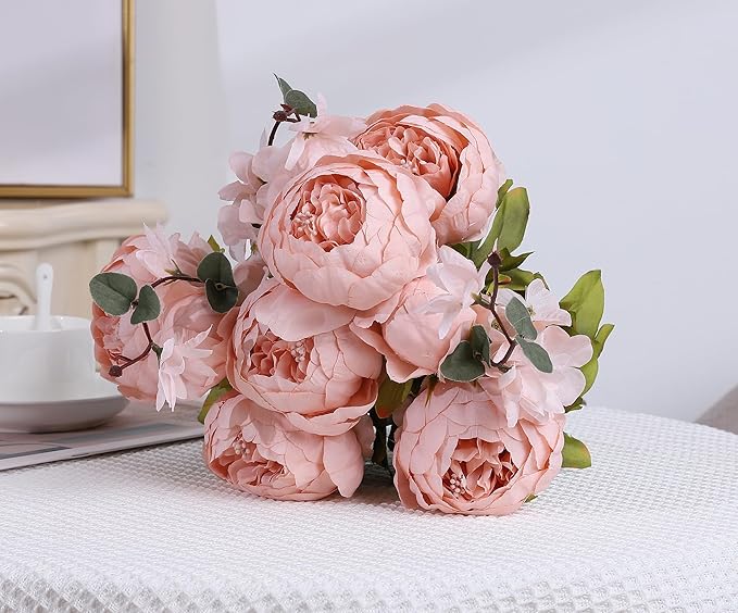 Duovlo Artificial Peony Silk Flowers Fake Flowers Vintage Wedding Home Decoration,Pack of 1 (New Pink)-Ruum Studio Home