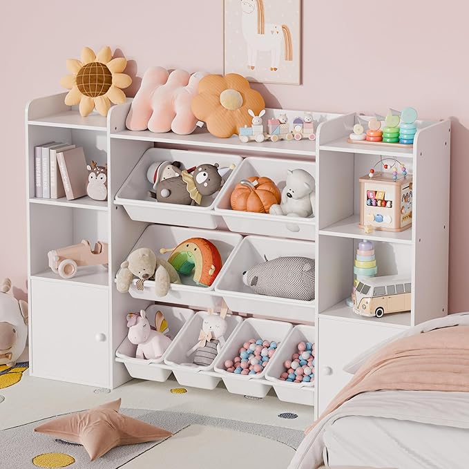 Xilingol Kids Toy Storage Organizer W/8 Removable Toy Bins, 4-Tier Toy Organizers W/6 Storage Cubbies, Kid Bookshelf and Toy Storage for Playroom, Bedroom, Kids Room, Classroom-Ruum Studio Home