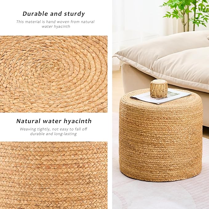 Handwoven Ottoman Pouf, Natural Water Hyacinth Footstool, Round Braided Outdoor Seat with Sturdy Frame, Boho Accent Stool for Patio, Balcony, or Garden (Natural)-Ruum Studio Home