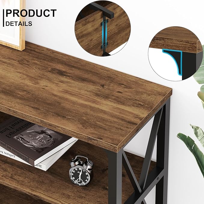 LVB Wood Console Table, Rustic 3 Tier Sofa Table Behind Couch, Industrial Metal Entryway Table with Storage Shelf, Farmhouse Wooden Foyer Hallway Table for Entry Living Room, Rustic Brown, 55 Inch-Ruum Studio Home