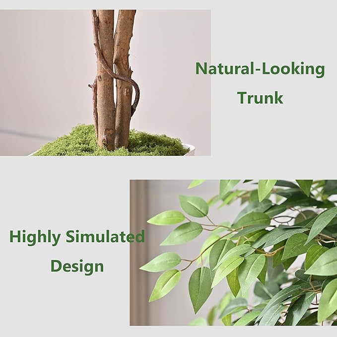 Artificial Ficus Tree 6FT Faux Floor Tree with Planter UV Resistant Potted Fake Silk Plant, Real Wood Trunk-Indoor Outdoor Lifelike Fake Ficus Tree for Home, Living Room Bedroom Topiary Tree-Ruum Studio Home