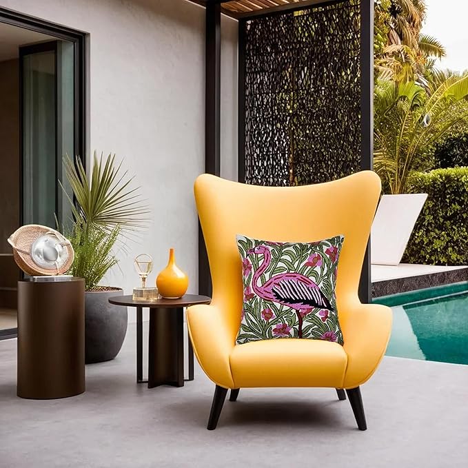 William Morris Flamingo Floral Pillow Cover - Hand Embroidered Modern Flower Pillowcase, Outdoor Cushion, Suzani Farmhouse Chair Throw, Couch Cushions - Wool, Size 18x18-Ruum Studio Home