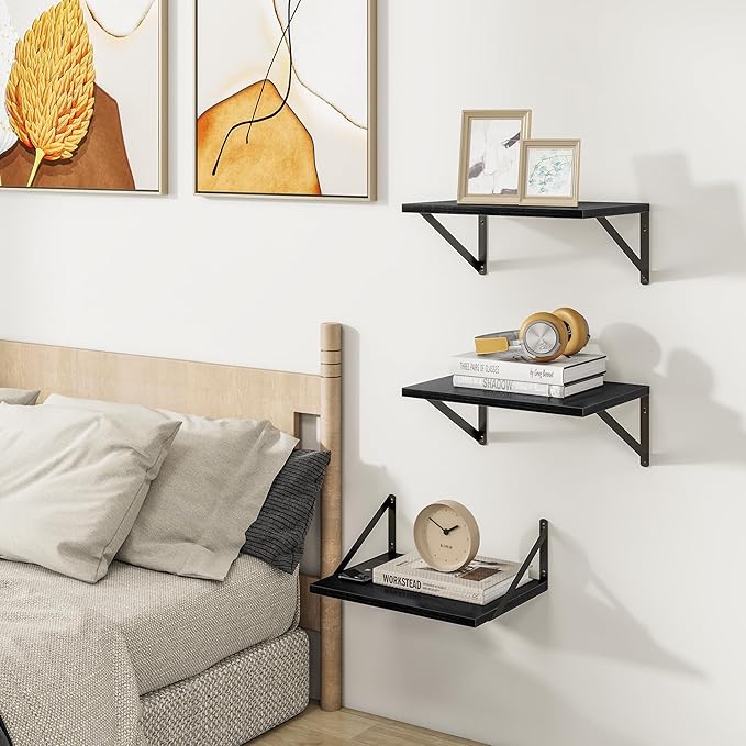Heimlove Deep Floating Shelves for Wall, 12 Inch Deep Floating Shelves Set of 3, 16W x 12D Wood Wall Shelves, Wide Wood Shelves with Metal Bracket for Living Room, Kitchen, Office, Bedroom - Black-Ruum Studio Home