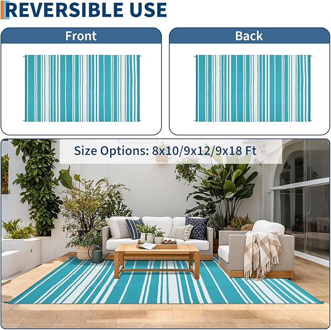 Outdoor Patio Rug 9x12 Stain-Resistant Reversible Camping Mat, Modern Striped Outdoor Plastic Straw Rug, Waterproof Outside Carpet, Easy to Clean for RV, Porch, Deck, Balcony, Light Blue-Ruum Studio Home