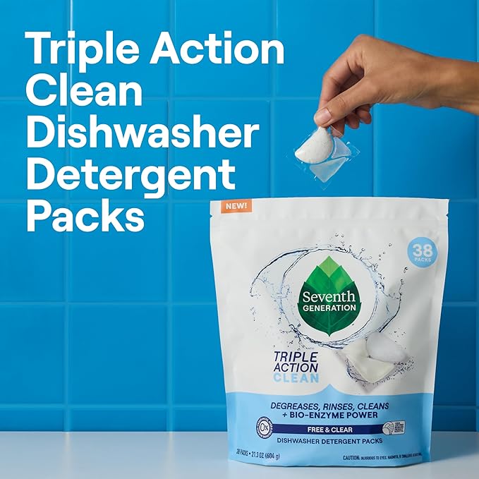 Seventh Generation Triple Action Clean Automatic Dishwasher Detergent Packs with Bio-Enzyme Power, Free & Clear, Fights 48-hour Stuck-on Food, 54 count-Ruum Studio Home