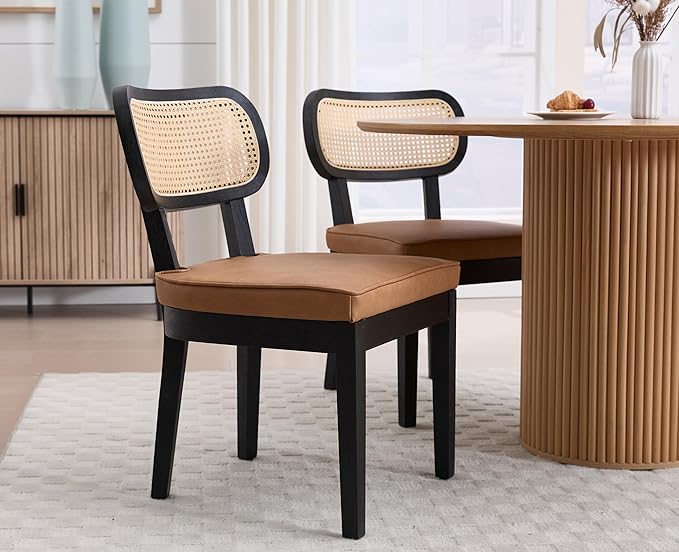 EALSON Mid Century Modern Rattan Dining Chairs Set of 2 Farmhouse Black Wood Kitchen Chairs with Cane Back Leather Upholstered Accent Armless Chairs for Dining/Living Room Restaurant, Brown-Ruum Studio Home