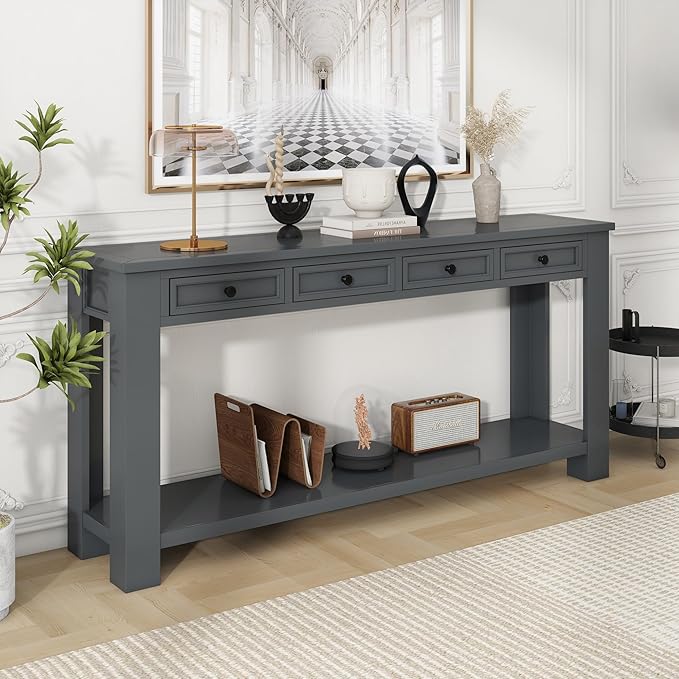Solid Wood Console Table 63 in Long Sofa Table Entryway Table with 4 Drawers and Bottom Shelf for Hallway Living Room Couch Table,Fully Assembled,63" Tan-Ruum Studio Home